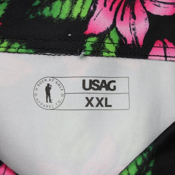 USAG You Suck at Golf Polo Shirt Mens 2XL XXL Black/Pink Floral Poly Stretch S/S - Picture 7 of 12